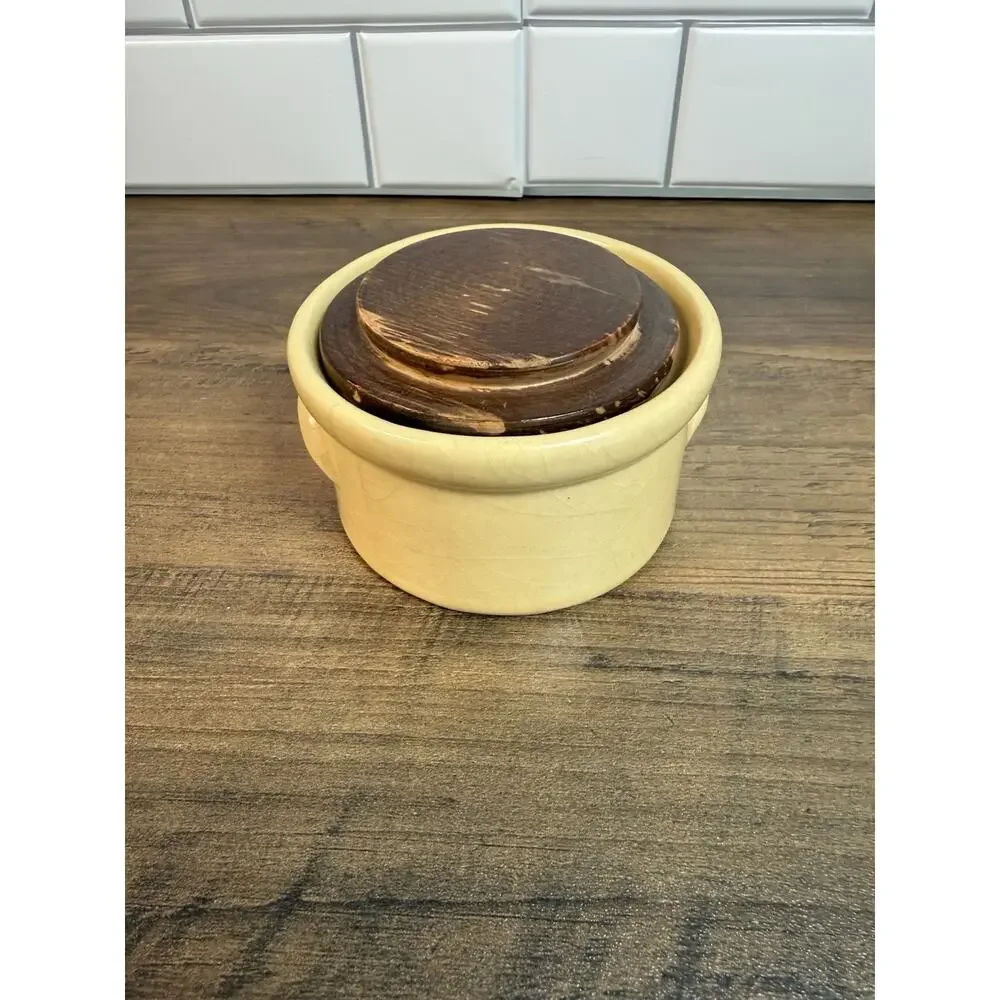 Vintage Pfaltzgraff Sweetener Ceramic Crock Container w/Wooden Lid - Crazing